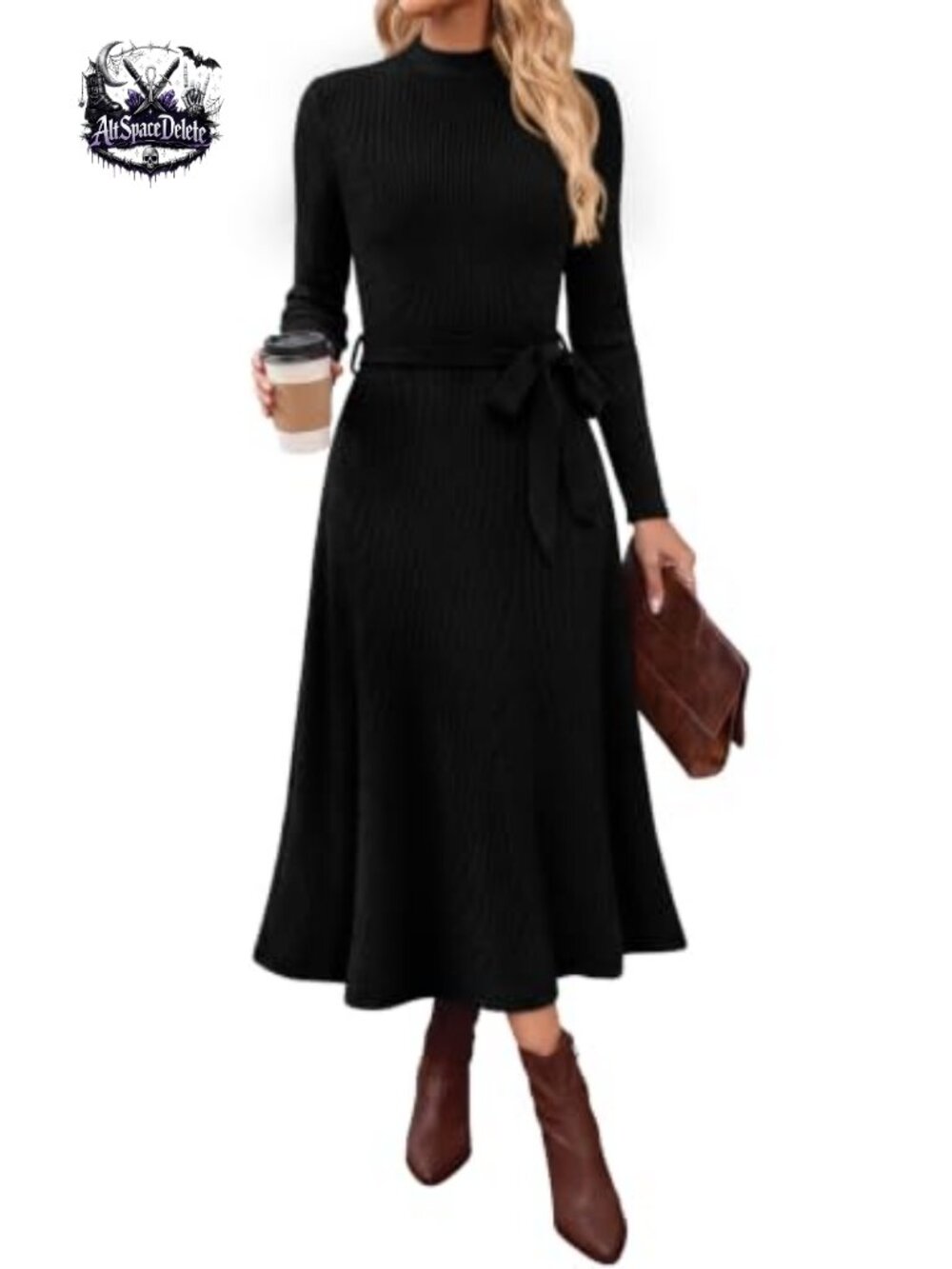 Ribbed Knit Midi Dress Mock Neck Long Sleeve Tie Waist A-Line